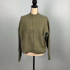 Patchwork Cable Knit Sweater Olive Green Mock Neck Womens M Cozy Fall